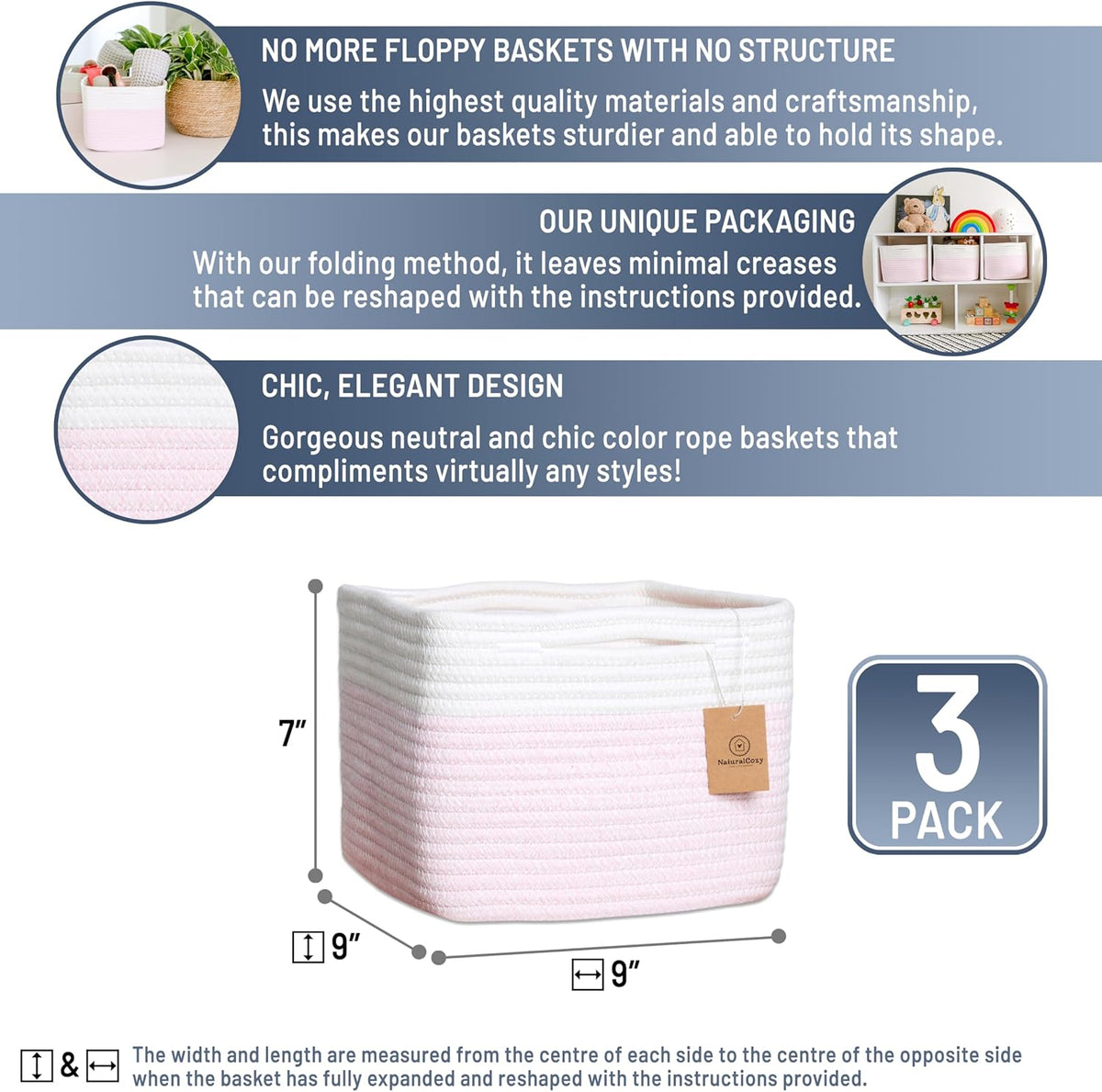 NaturalCozy Storage Cubes 9”x9”x7”Cotton Rope Woven Baskets for Organizing 3-Pack | 9 Inch Cube