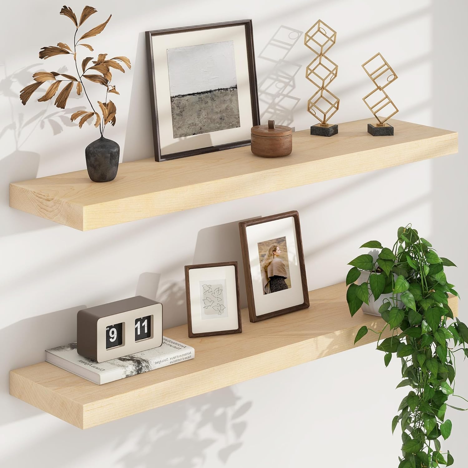 Floating Shelves for Wall, USA-Sourced Maple Wood 36 Inch Long Wall Shelves Set of 2, Natural