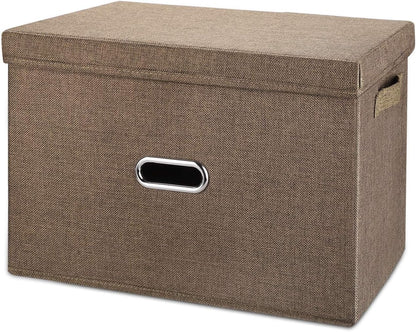 Large Linen Collapsible Storage Bins with Removable Lids and Handles, Washable Storage Box