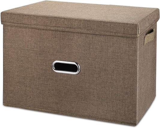 Large Linen Fabric Foldable Storage Bins with Removable Lid and Handles, Washable Storage Box