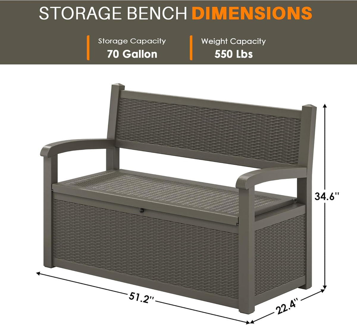 70 Gallon Deck Bench with Storage,Outdoor Storage Box Bench Waterproof&Lockable, Resin Patio