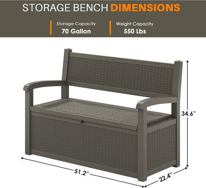 70 Gallon Deck Bench with Storage,Outdoor Storage Box Bench Waterproof&Lockable, Resin Patio