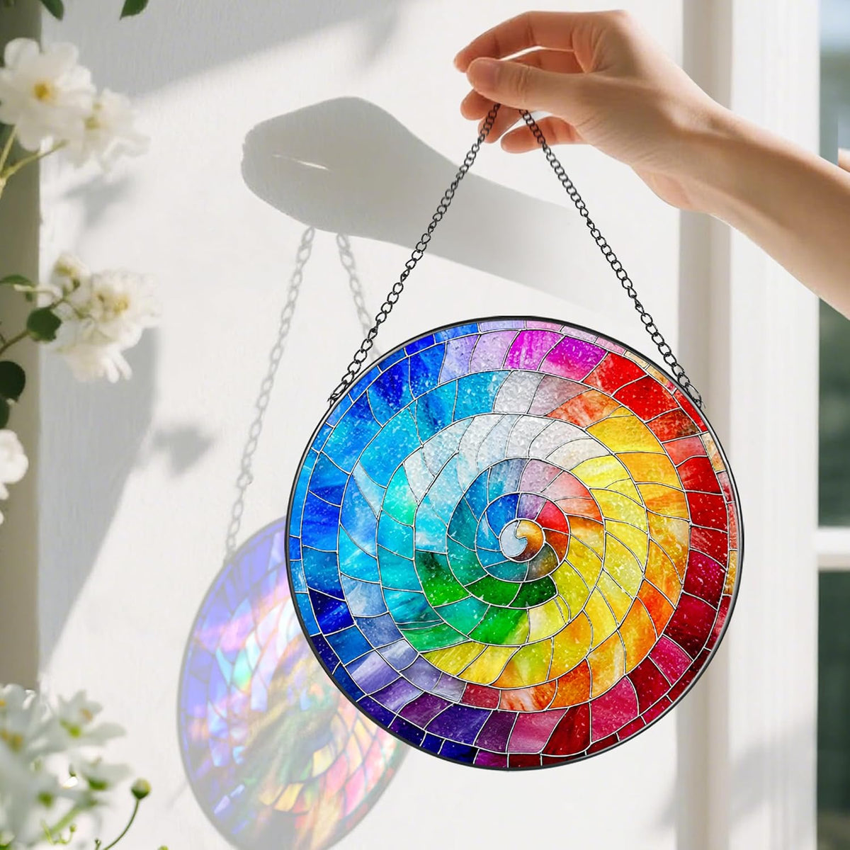 Stained Glass Window Hanging, 8 Inch Rainbow Spiral Stained Glass Suncatcher, Spiral Window Hanging