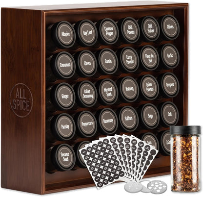 AllSpice Spice Rack Organizer, Wood, 525 Unique Labels, Countertop or Wall Mount, Includes 30 4oz