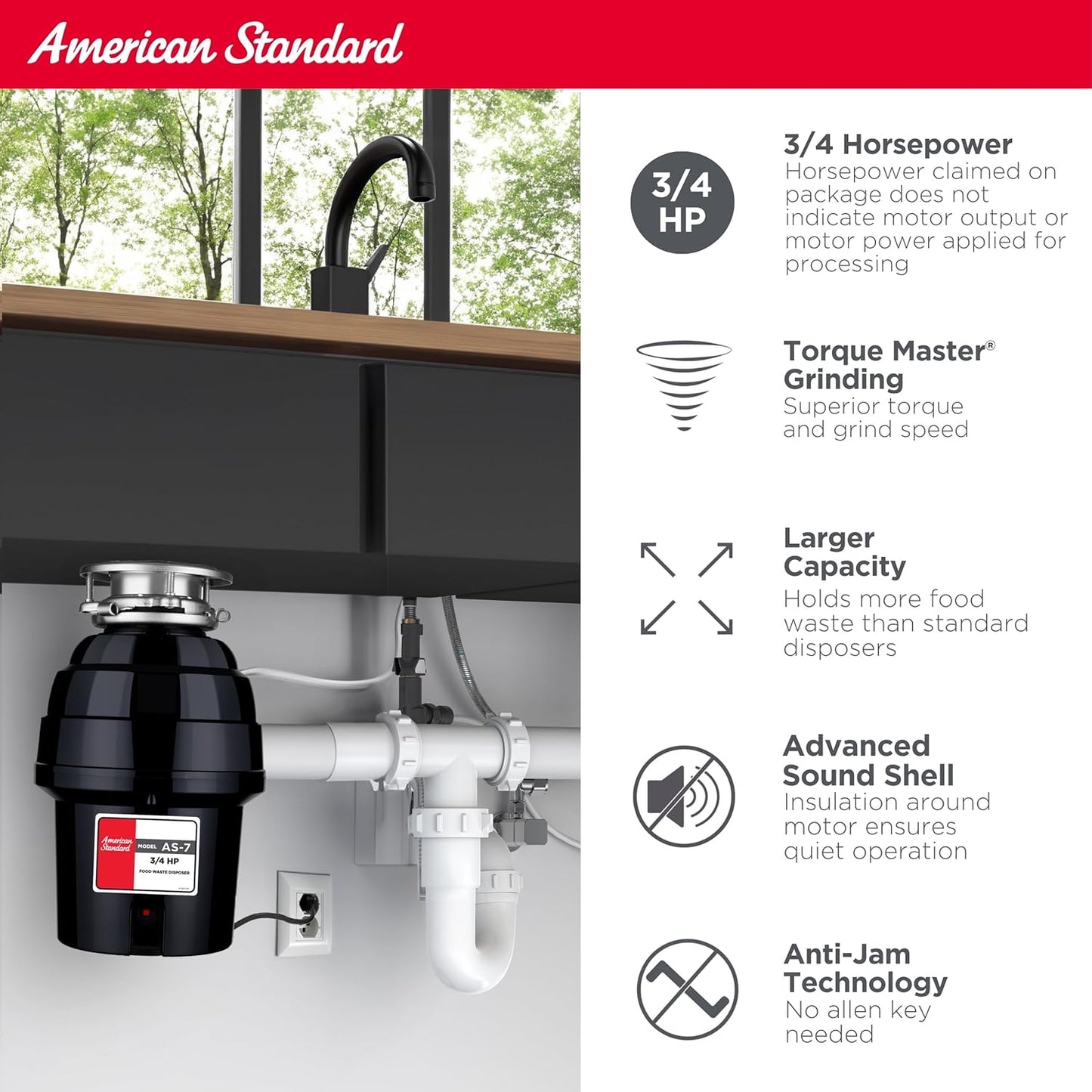 American Standard 10-US-AS-7 Garbage Disposal Anti-Jam Stainless Steel Food Waste Grinding System