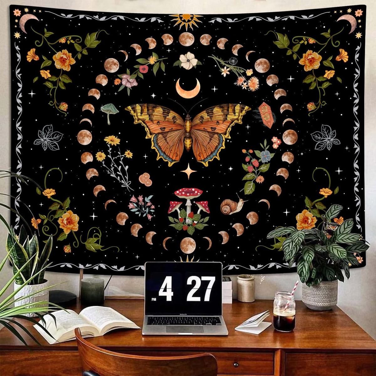 Aipon Orange Butterfly Moon Flower Tapestry Botanical Floral Plant Boho Tapestry for Bedroom