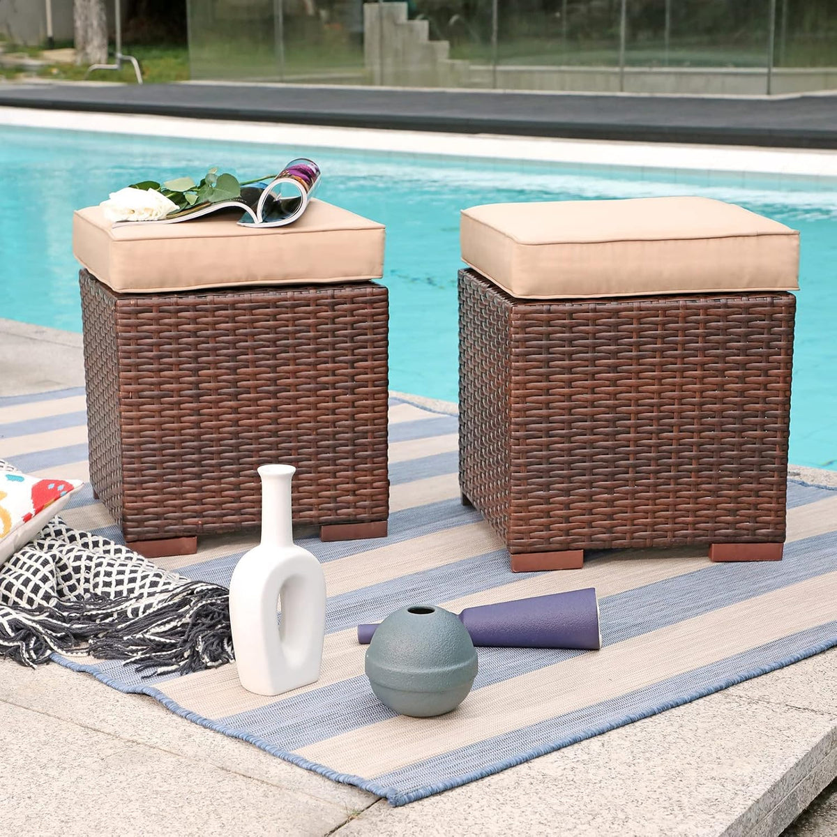 Patiorama 2 Pieces Assembled Outdoor Patio Ottoman, Indoor Outdoor All-Weather Dark Brown Wicker