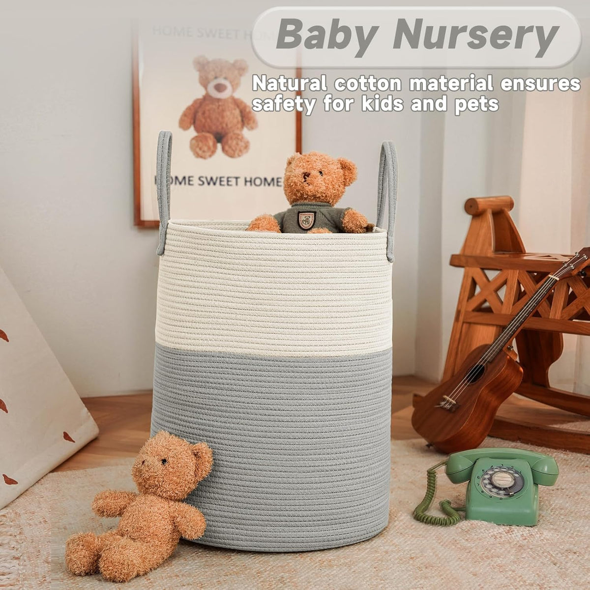 Large Woven Laundry Basket Hamper,80L Cotton Rope Storage Bin for Blankets,Toys and