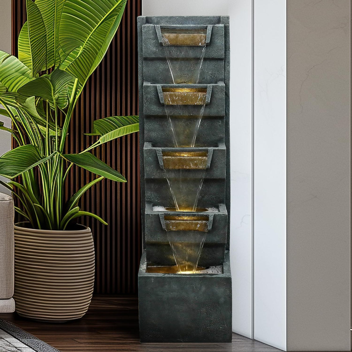 39.3" H Modern Water Fountain 5-Tier Outdoor Garden - Water Fountain w/LED Lights Cascading