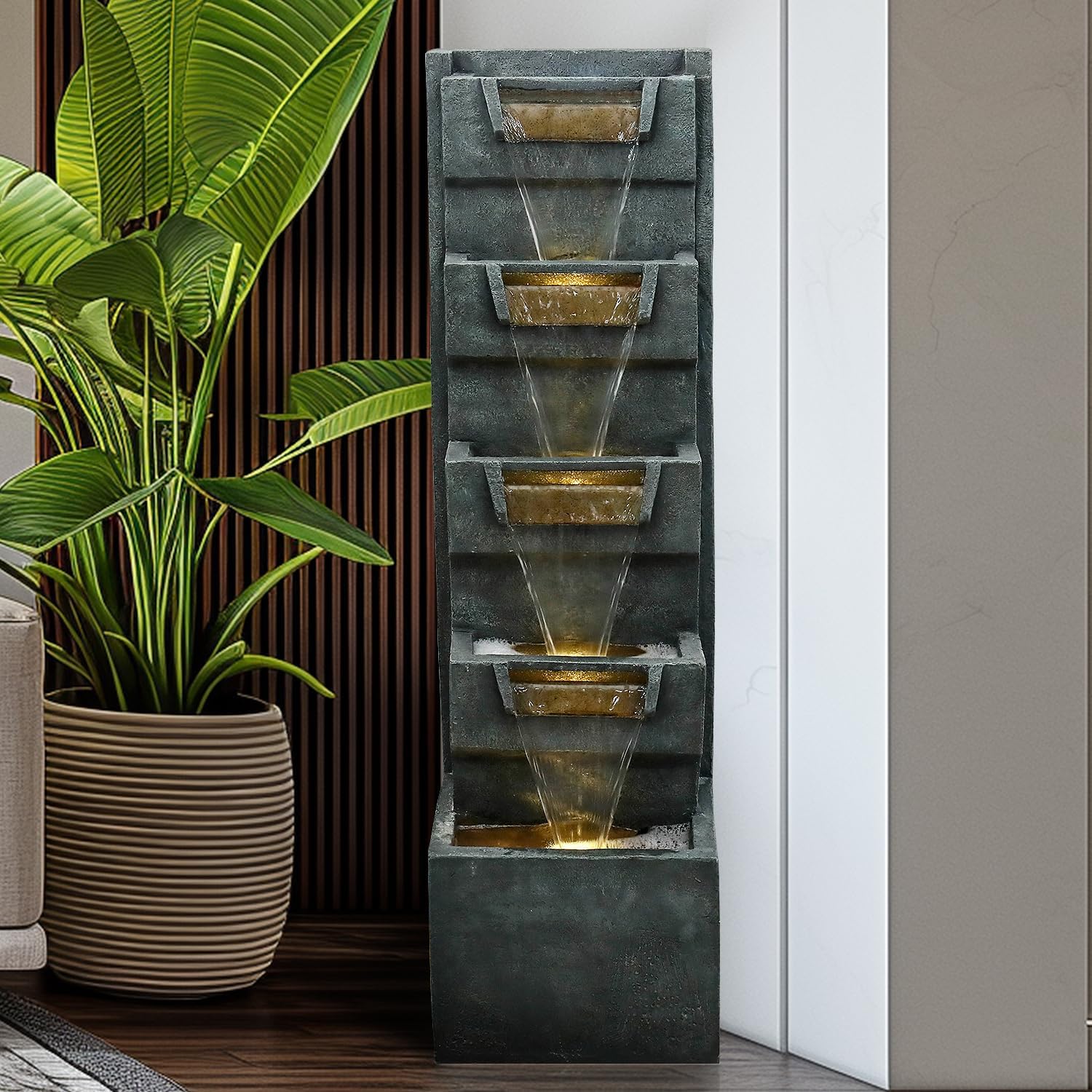 39.3" H Modern Water Fountain 5-Tier Outdoor Garden - Water Fountain w/LED Lights Cascading