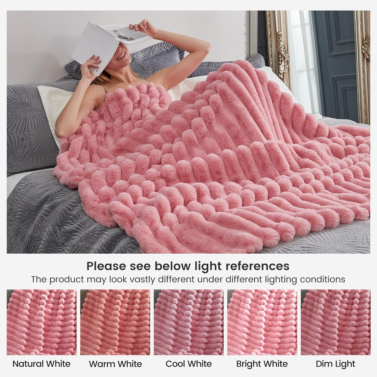 Cozy Bliss Faux Fur Throw Blanket for Couch, Cozy Warm Plush Striped Blanket for Sofa Bedroom