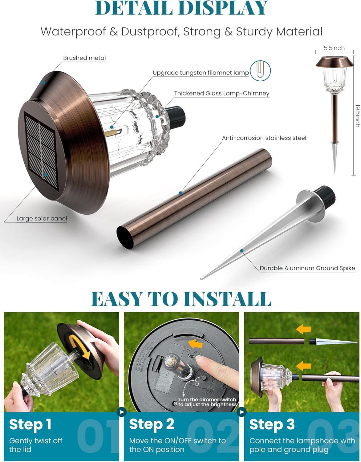 Solar Lights Outdoor Waterproof,4 Pack Bronze Pathway Lights with 10-40 LM Dimmable Glass and