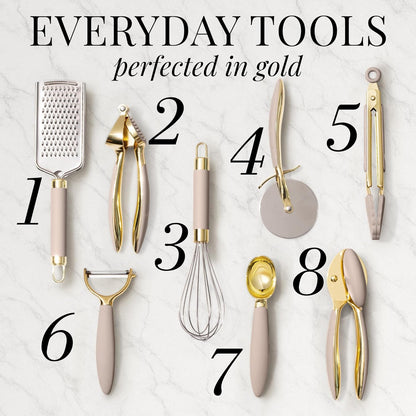 Gold and Beige Kitchen Utensils Set – 8 PC Cooking Gadgets with Mini Gold Whisk and Tongs, Pizza