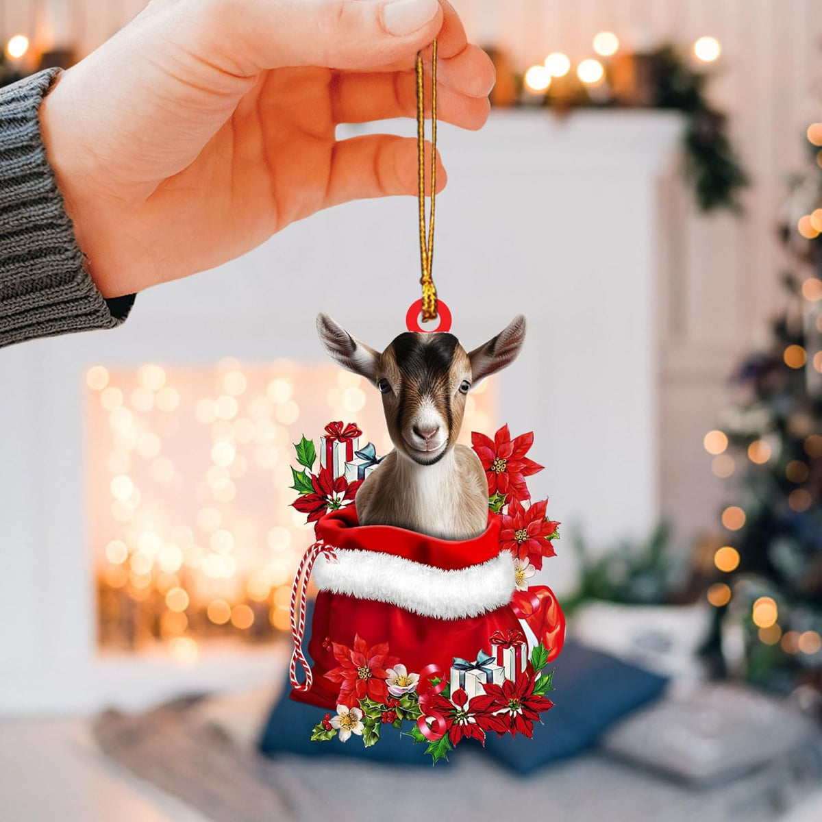 Talataca Goat 2D Flat Christmas Ornament, Goat in Red Santa Gift Bag Pine Tree Decor, Hanging House