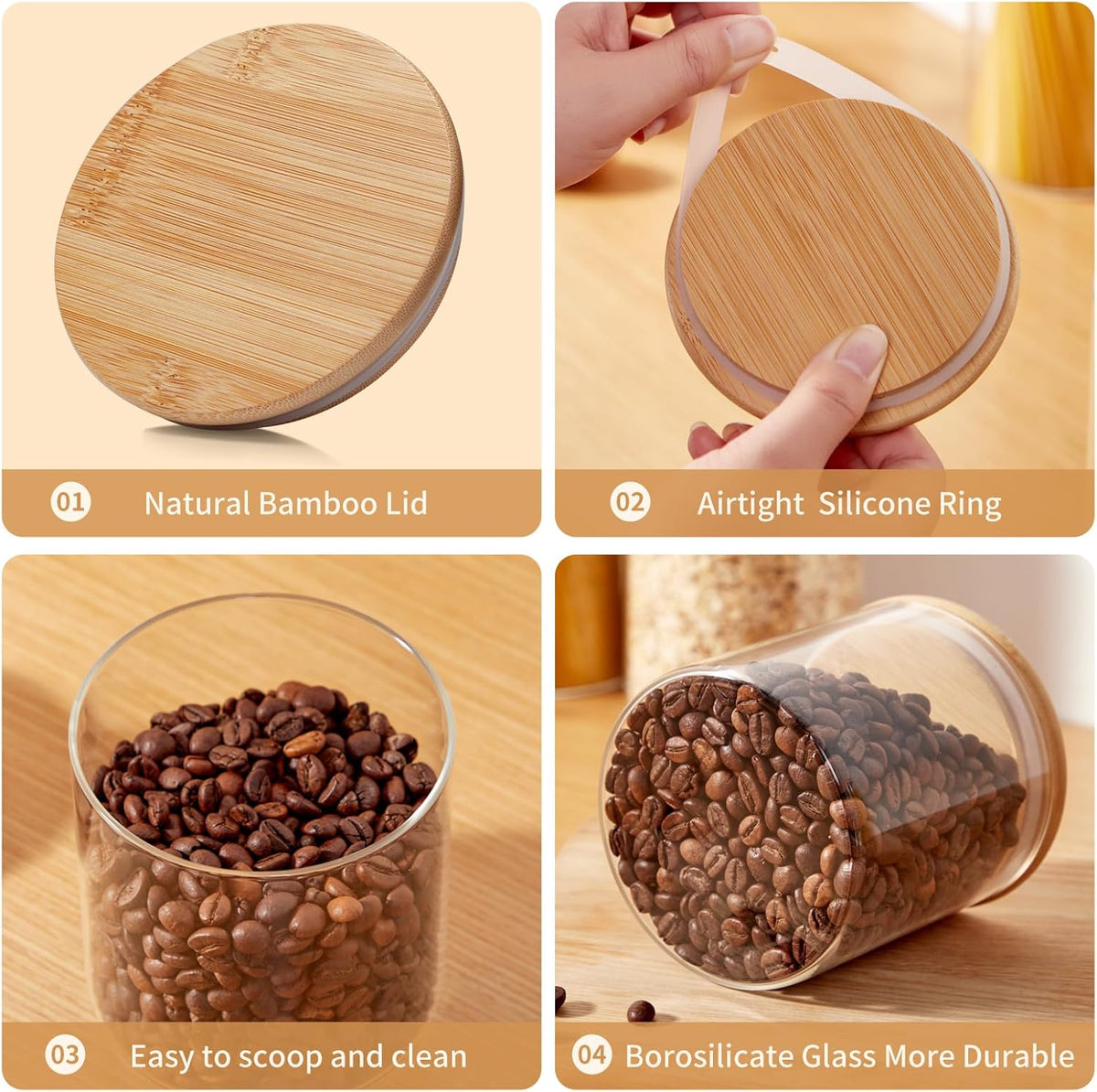 Glass Food Storage Jars with Lids[Set of 5], Perfect for Pasta, Cookies, Nuts, Coffee, Cereal