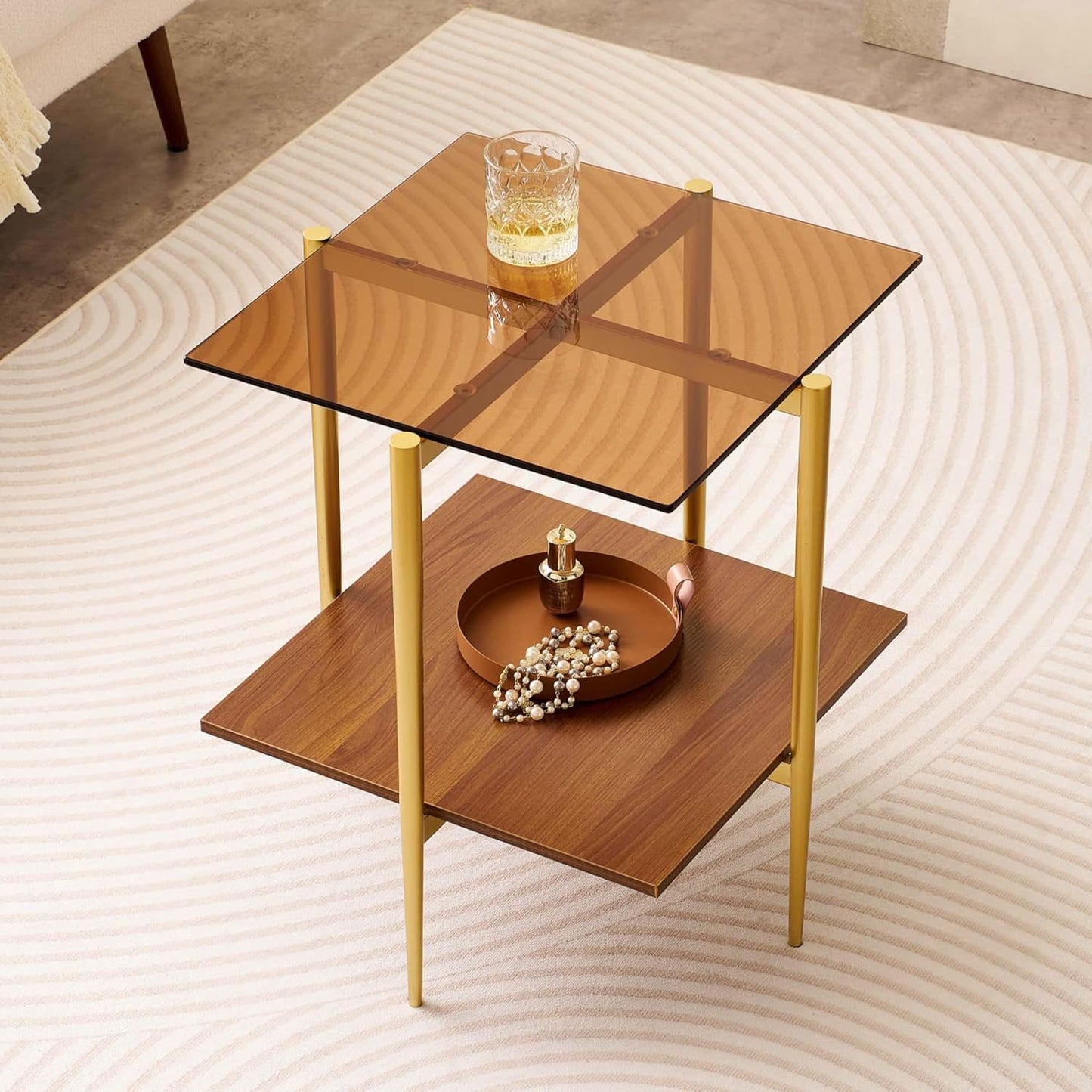 Glass End Table, Mid-Century Modern Design Sofa Table, L41 x W21 x H17, for Living Room, 2-Tier