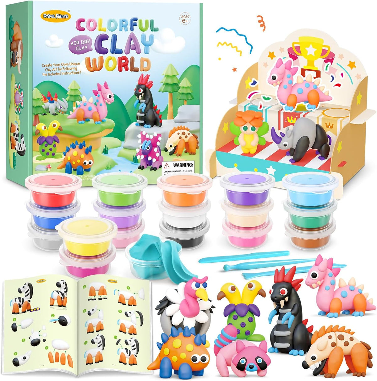 Drama Planet Air Dry Clay Kit for Kids - 18 Cans of Modeling Clay, 46-Page Guidebook with 26