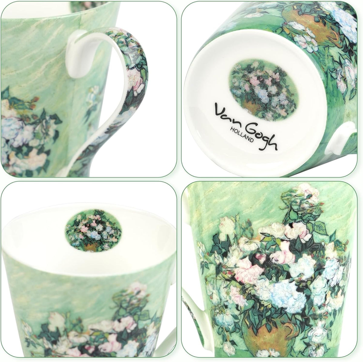 Coffee Mug Sets of 4, 12oz Bone China Porcelain Cups with Art Print Large Handle Dishwasher