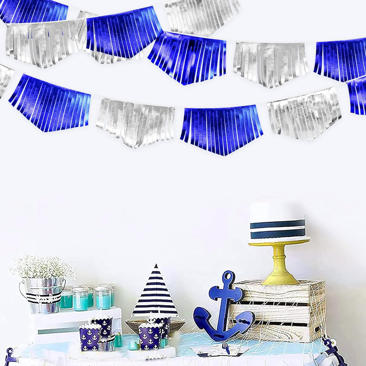 Royal Blue Silver Tassel Banner Metallic Fabric Pennant Bunting Flag for Graduation Birthday