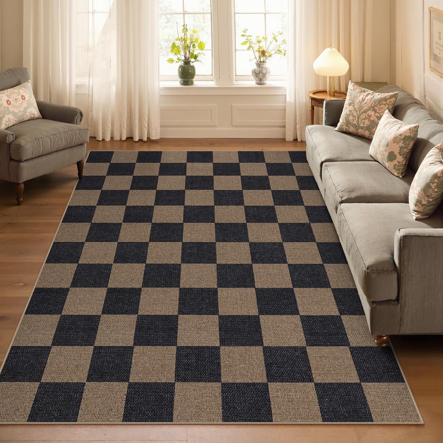 Lahome Checkered Easy Jute Living Room Rugs, 5x7 Black Dining Room Office Rug Farmhouse Washable