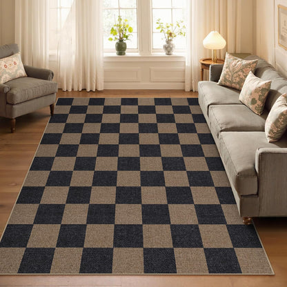 Lahome Checkered Easy Jute Living Room Rugs, 5x7 Black Dining Room Office Rug Farmhouse Washable