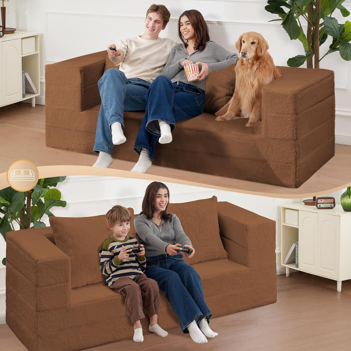 Folding Bean Bag Chair for Adults,3-in-1 Bean Bag Couch Faux Fur Floor Sofa Large Beanbag