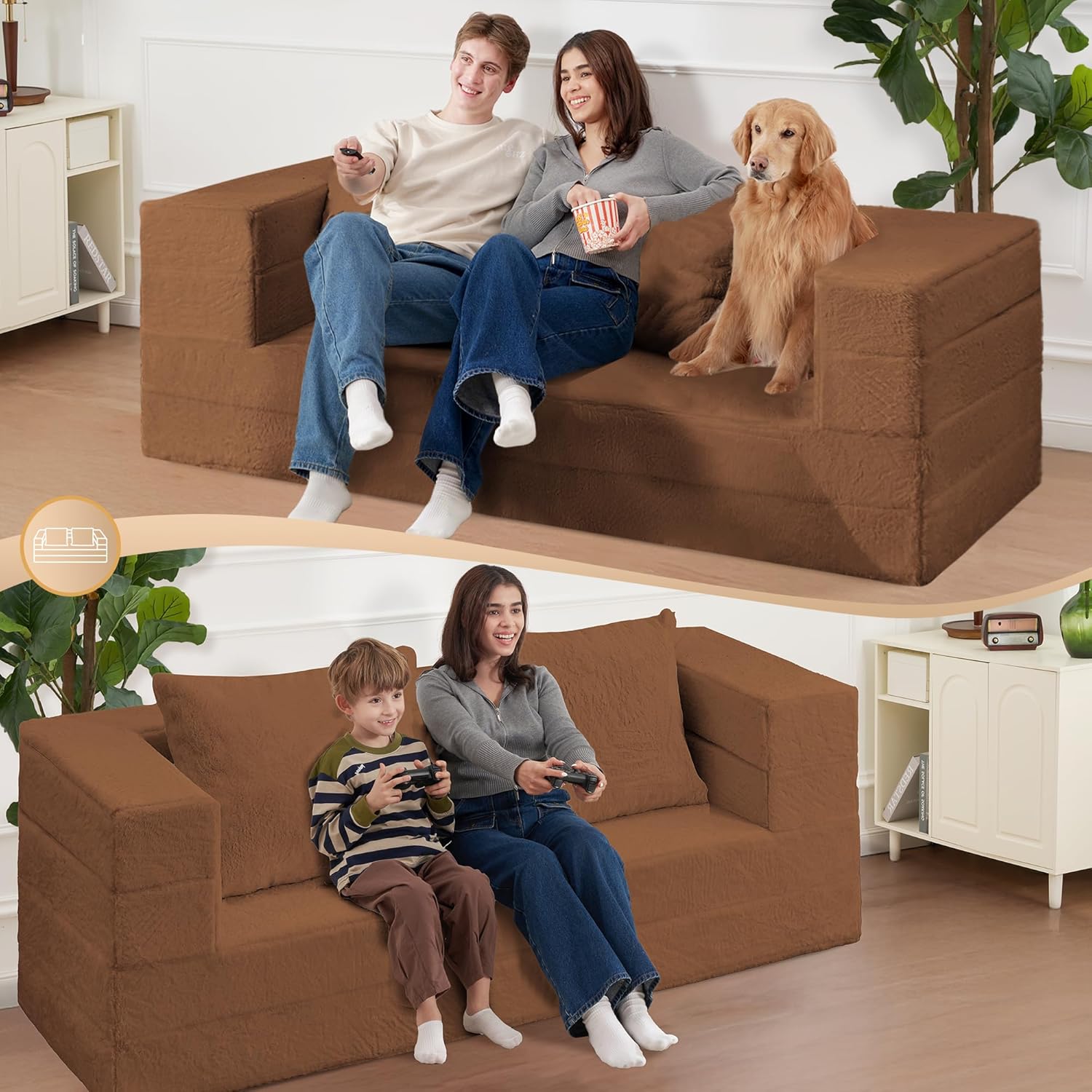 Folding Bean Bag Chair for Adults,3-in-1 Bean Bag Couch Faux Fur Floor Sofa Large Beanbag