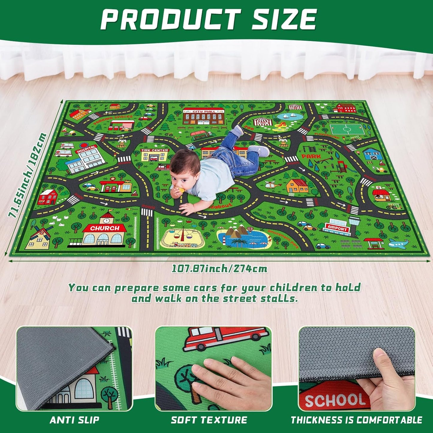 Kids Carpet Playmat Rug 6 x 9 ft Player Car Rug, City Life Traffic Road Map Mat Educational Game