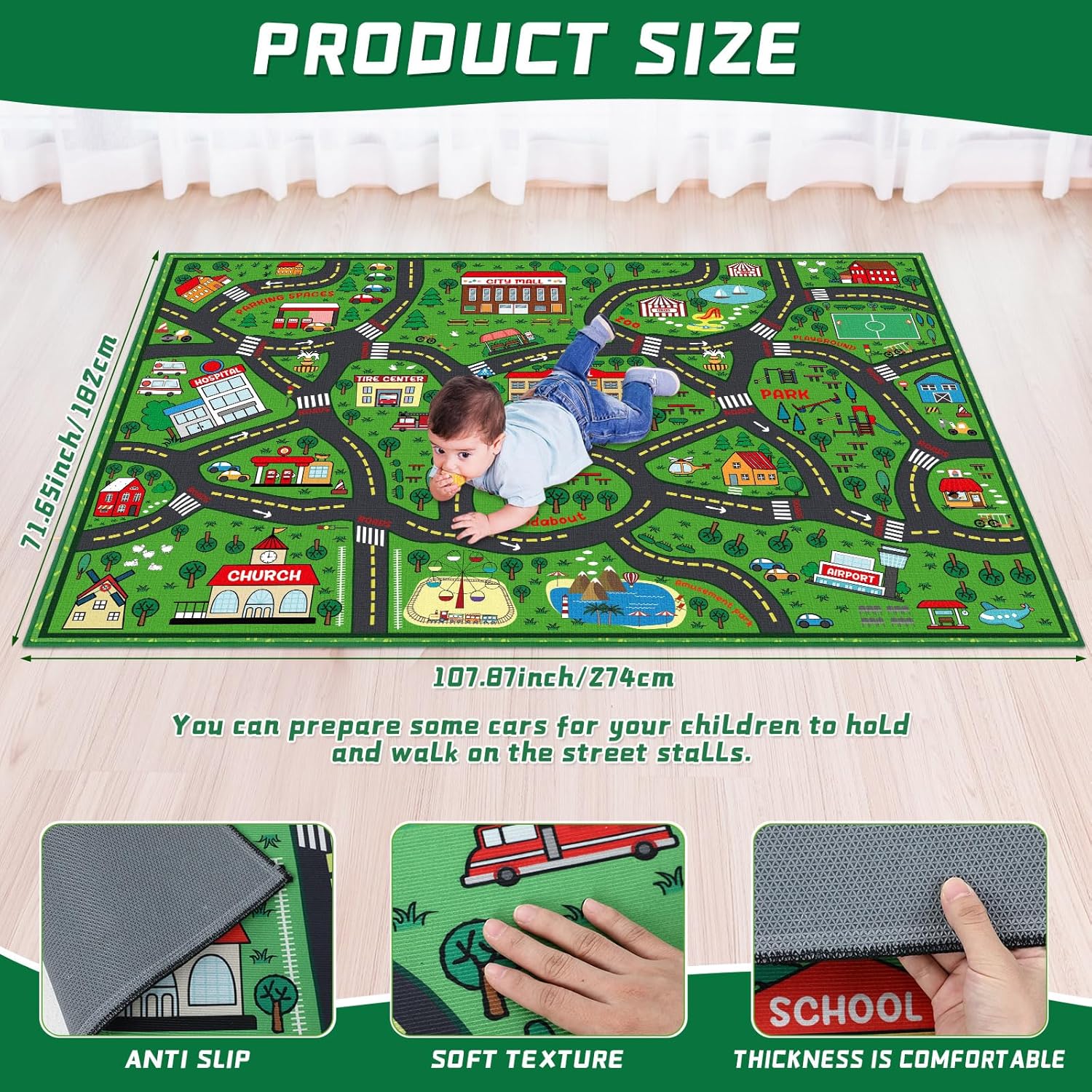 Kids Carpet Playmat Rug 6 x 9 ft Player Car Rug, City Life Traffic Road Map Mat Educational Game