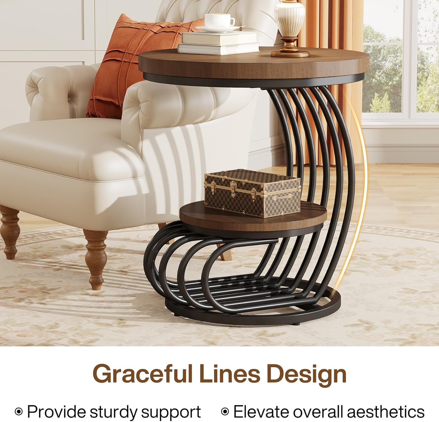 Tribesigns Round End Side Table: 2 Tiers Side Table Set of 2, Vintage End Table for Living Room