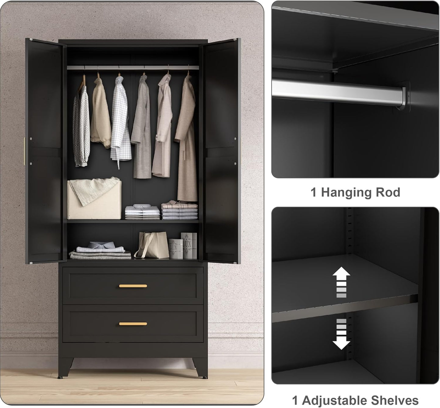 71'' Farmhouse Metal Wardrobe Cabinet with Hanging Rod, 2 Barn Door Wardrobe Closet with Adjustable