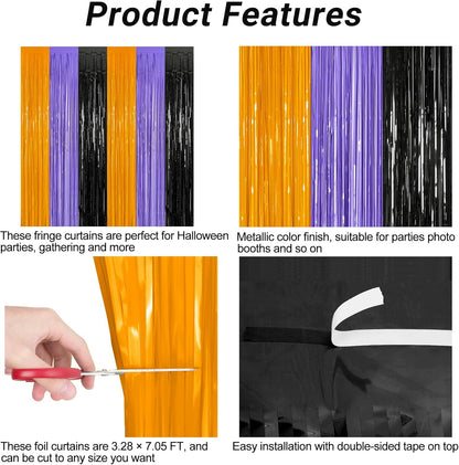 12 Pack Halloween Decor, 3.28 FT x 7.05 FT Orange Purple Black Fringe Curtains, Funny Wall Backdrop