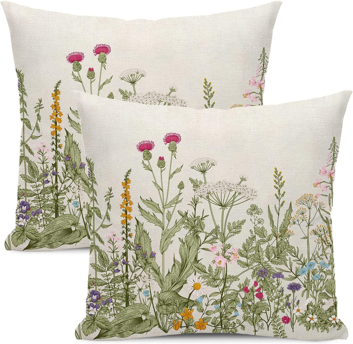 Spring Floral Pillow Covers 18 x 18 Inch Set of 2 Vintage Sage Green Wild Flowers Decor Throw