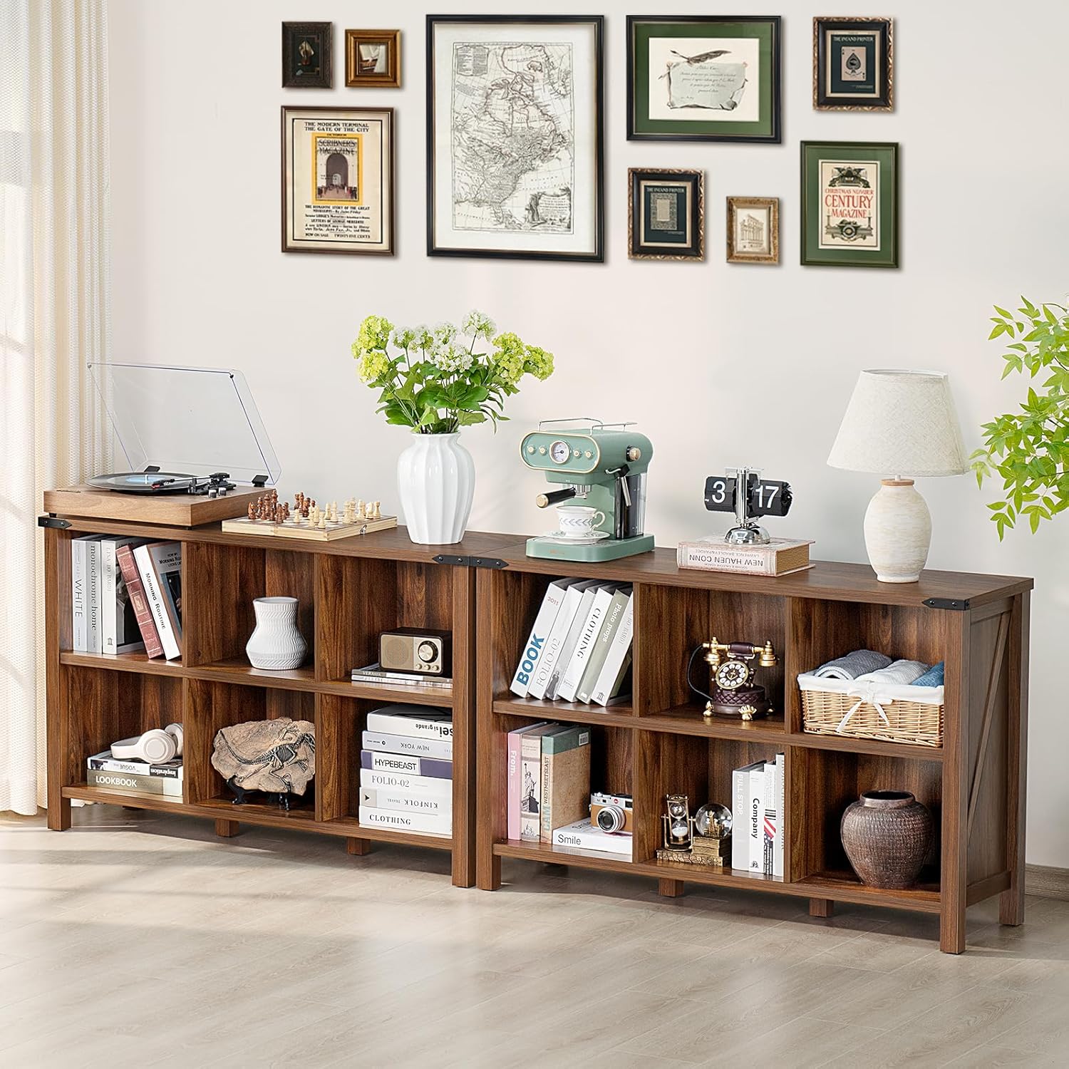 Farmhouse 6 Cube Book Shelf, Wood 3 Tier Storage Organizer Bookshelf, Brown Walnut 47" Horizontal