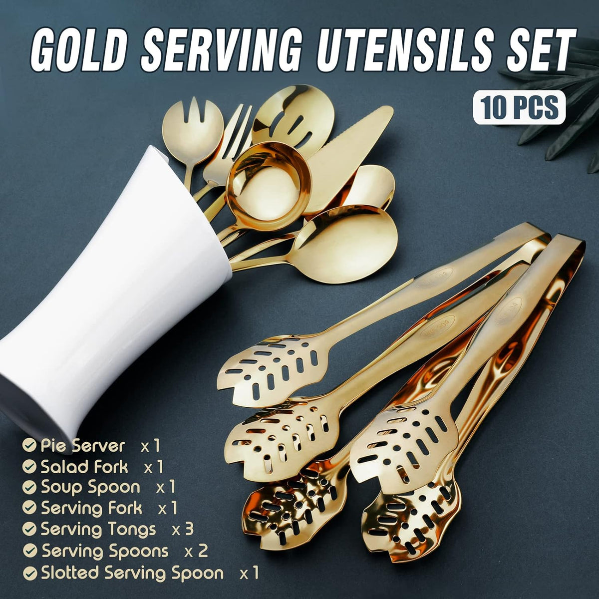 Gold Serving Utensils, OGORI 10-Piece Polished Stainless Steel Gold Serving Utensils Set Include