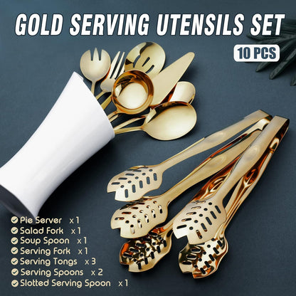 Gold Serving Utensils, OGORI 10-Piece Polished Stainless Steel Gold Serving Utensils Set Include