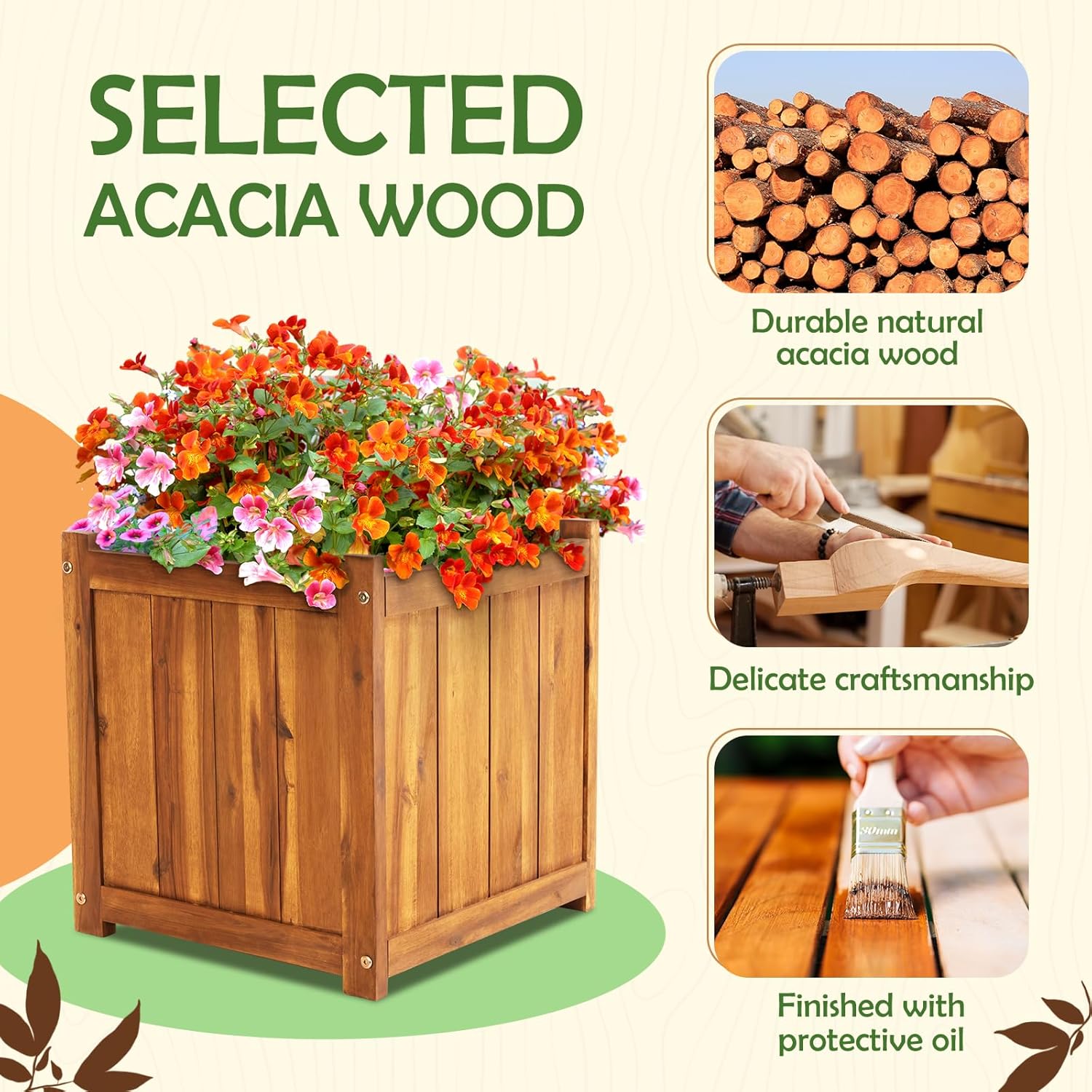 Idzo Hardwood Outdoor Flower Box, Durable Acacia Wood Flower Boxes for Outdoor Plants with