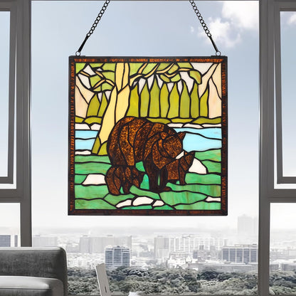 bwkoiujes Stained Glass Window Hanging 12" Square Tiffany Animal Style 3 Brown Bears Suncatcher