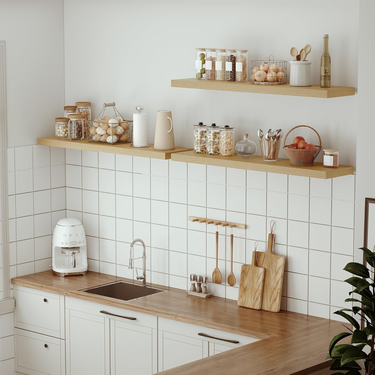Single Floating Shelves Oak 48 Inches, 48 x 10 inch Deep x 1.8 in Thick, Long Wall Shelves Heavy