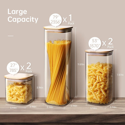 Square Glass Jars with Bamboo Lids [Muti Size Set of 5], Glass Canisters with Airtight Lids, Glass