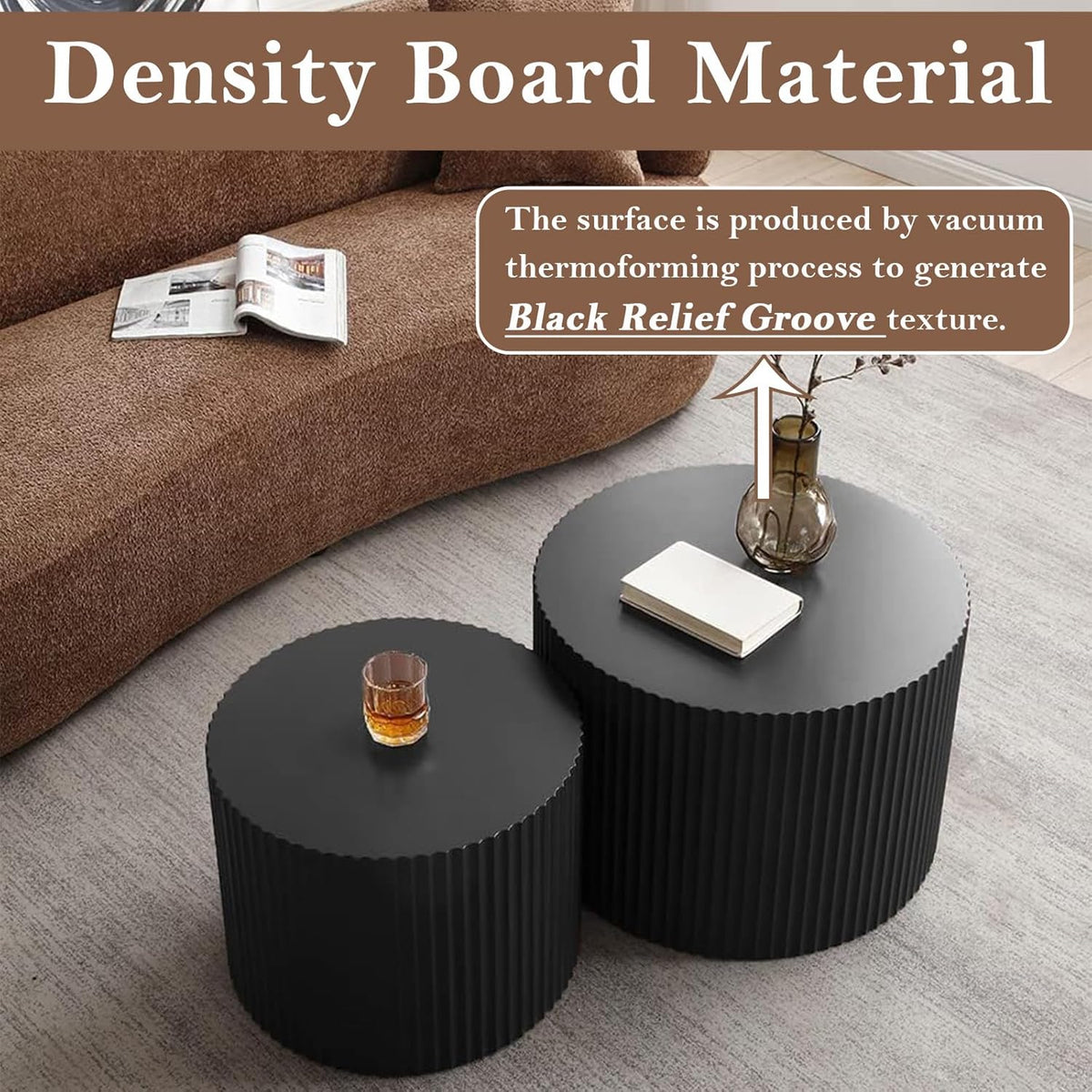 Round Nesting Coffee Table Black Round Fluted Coffee Table Set of 2 for Living Room Small Circle