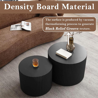 Round Nesting Coffee Table Black Round Fluted Coffee Table Set of 2 for Living Room Small Circle