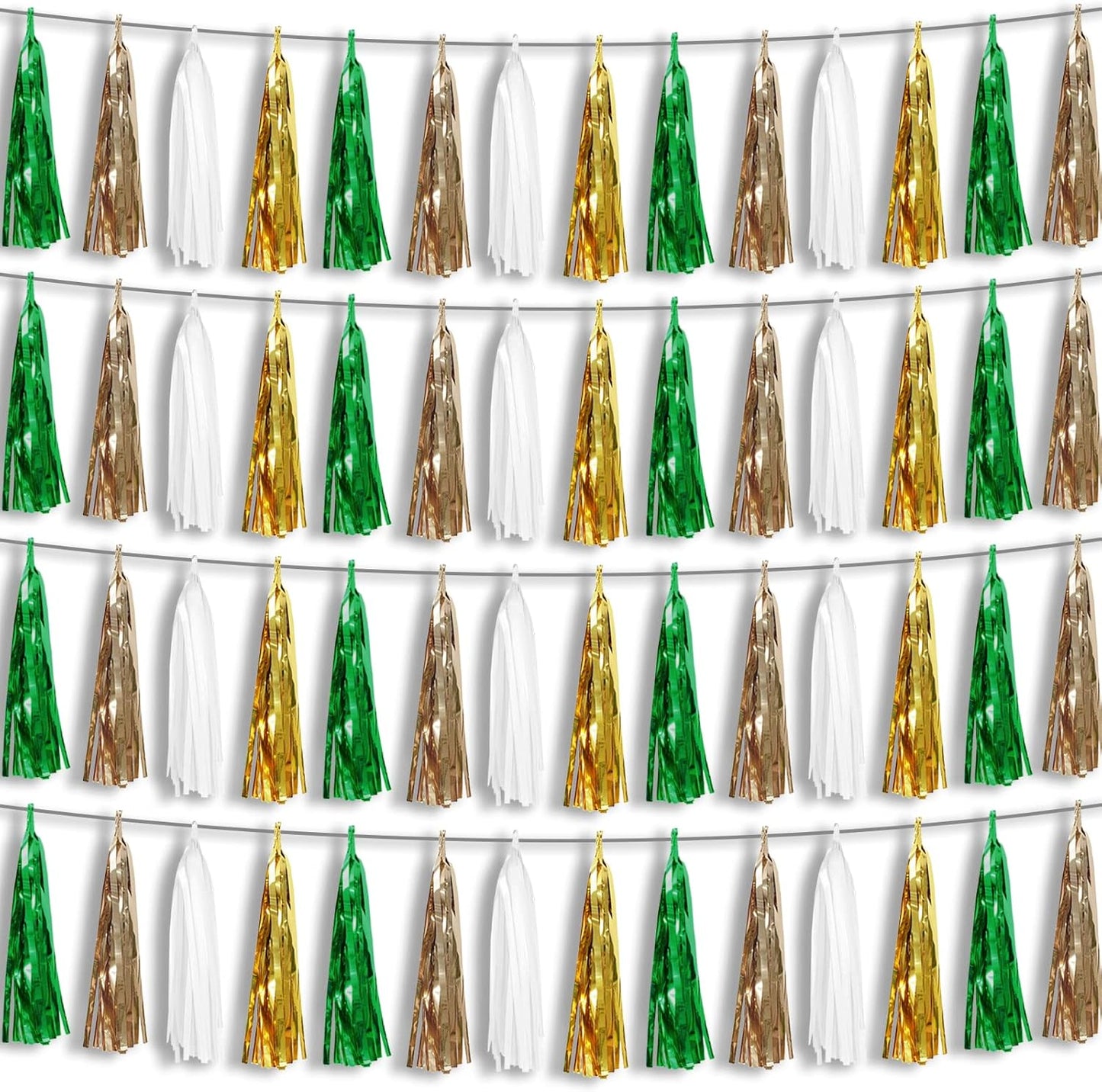 4P Sage-Green Beige-Mint Gold Foil Fringe Metallic Tassel Garland Banner, Tassels Banner Streamers