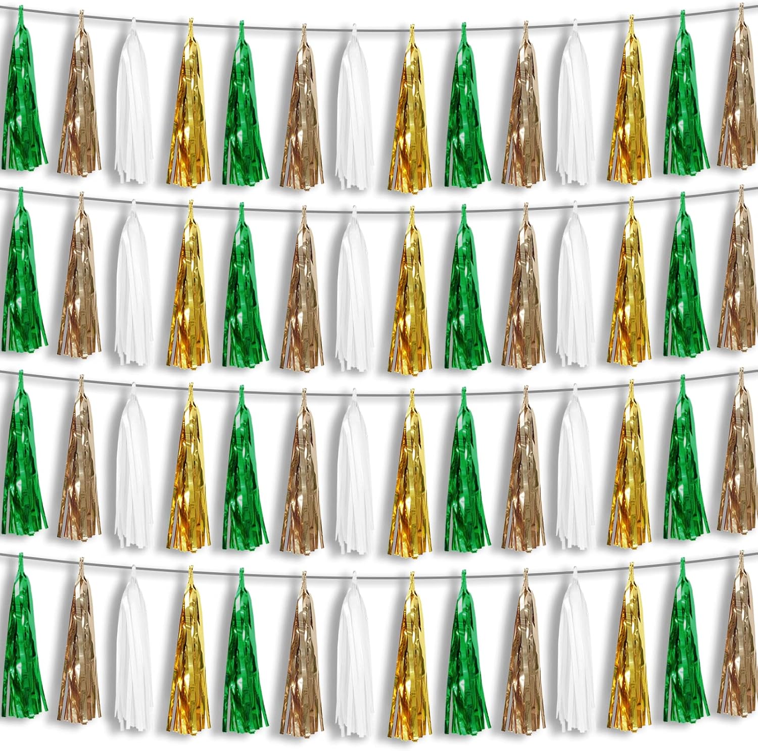 4P Sage-Green Beige-Mint Gold Foil Fringe Metallic Tassel Garland Banner, Tassels Banner Streamers