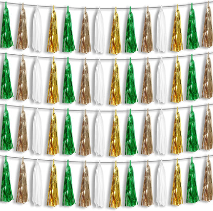 4P Sage-Green Beige-Mint Gold Foil Fringe Metallic Tassel Garland Banner, Tassels Banner Streamers