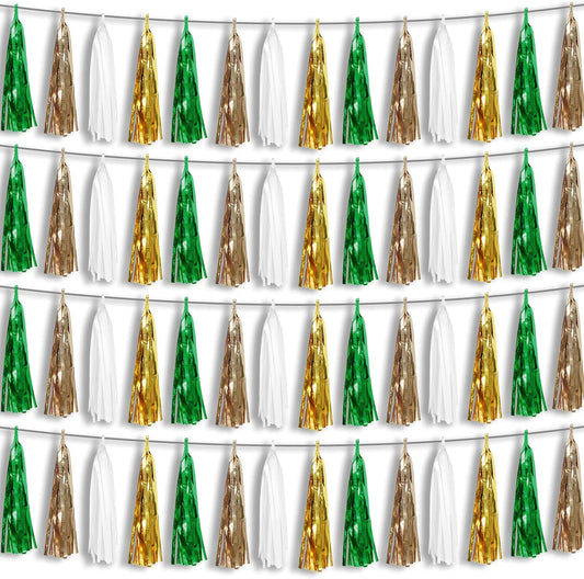 4P Sage-Green Beige-Mint Gold Foil Fringe Metallic Tassel Garland Banner, Tassels Banner Streamers