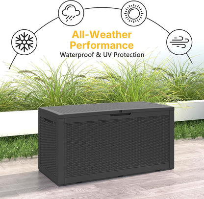 100 Gallon Deck Box Outdoor Waterproof, Rattan Outdoor Storage Box, Patio Storage Boxes for