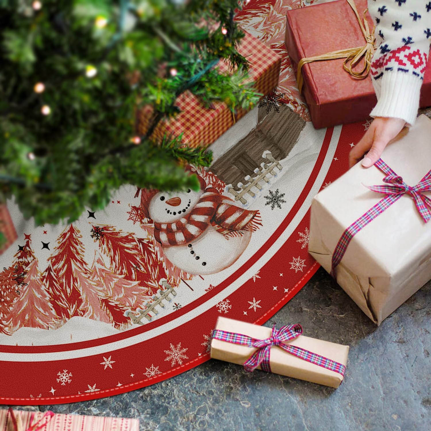 AVOIN colorlife Snowflake Snowman Cardinal Christmas Tree Skirt 48 Inch, Winter Holiday Tree Mat
