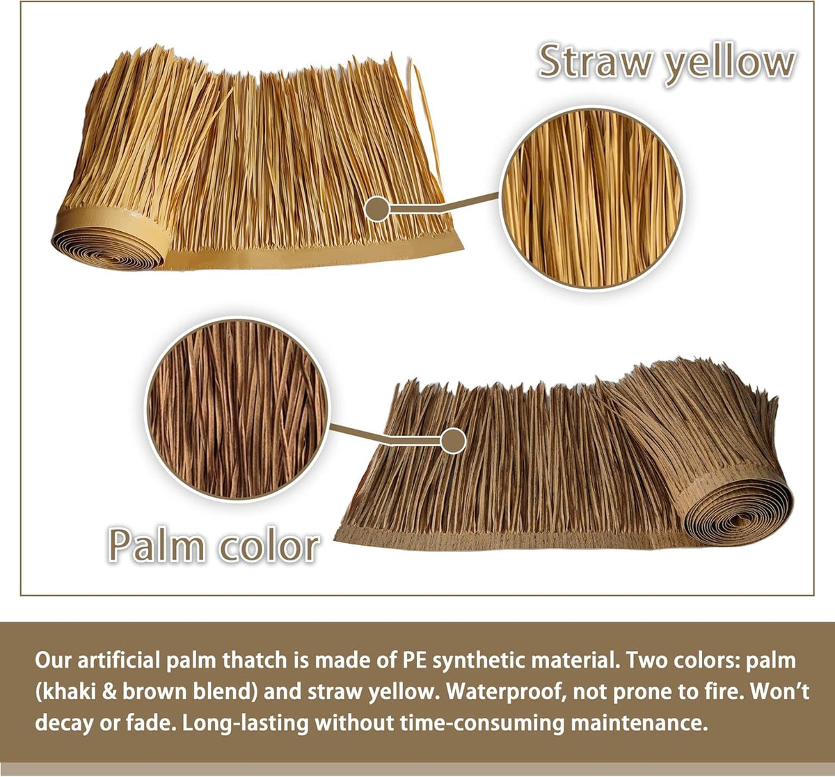 Premium Mexican Style Artificial Palm Thatch Roof Rolls. 5 Lengths, 2 Colors. Waterproof. Easy