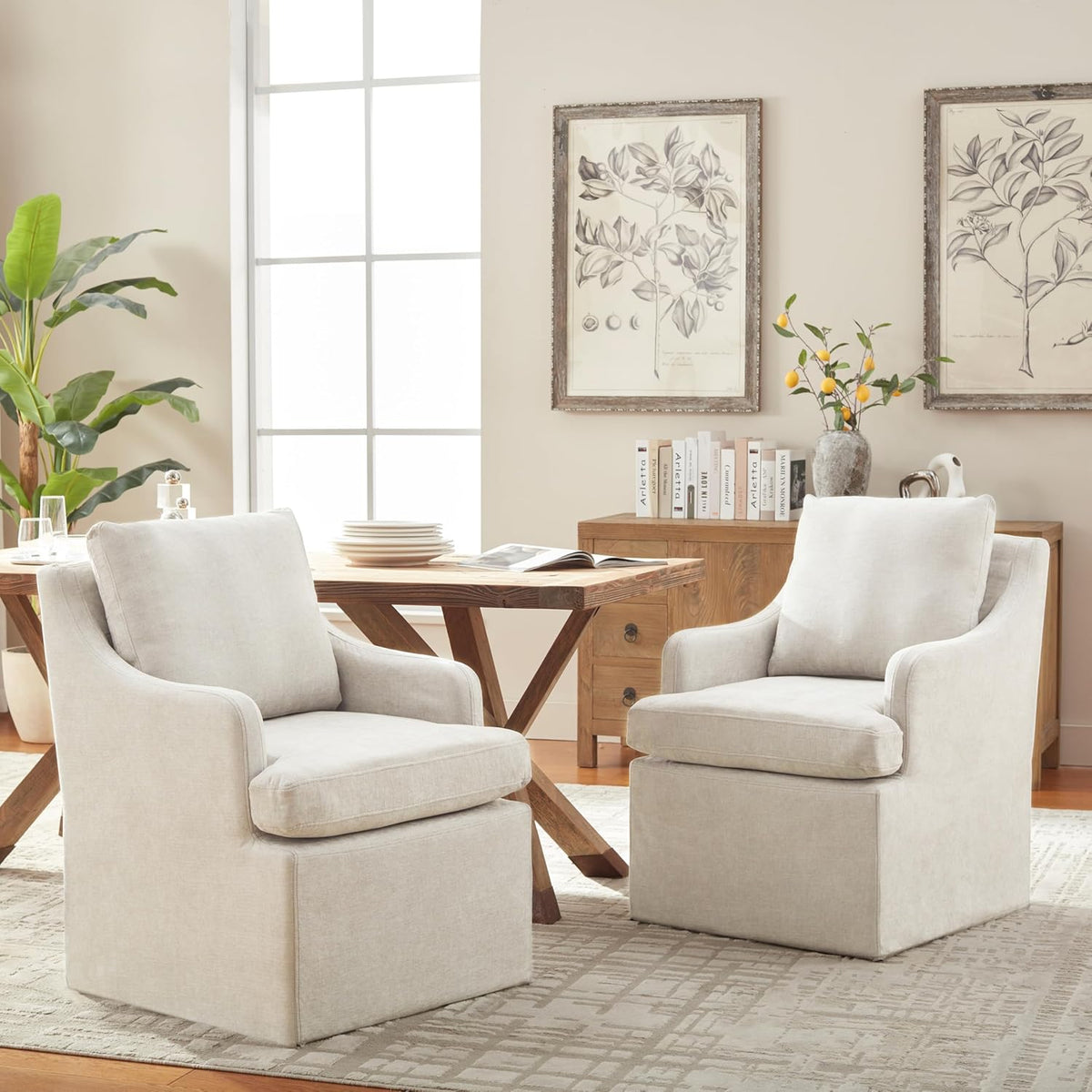 VKNOW Upholstered Dining Chairs Set of 2, Modern Kitchen Chairs Dinner Chairs with 4 Casters, Linen